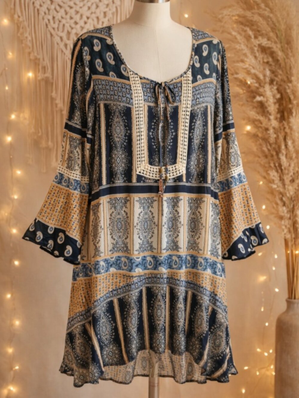 One World Mixed Print Crochet Lace Inset Tunic Dress Plus 1X Boho Festival Flowy